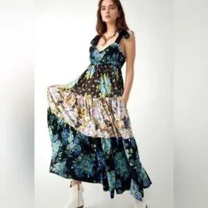 Free People maxi Dress with Blue and Green Floral Pattern